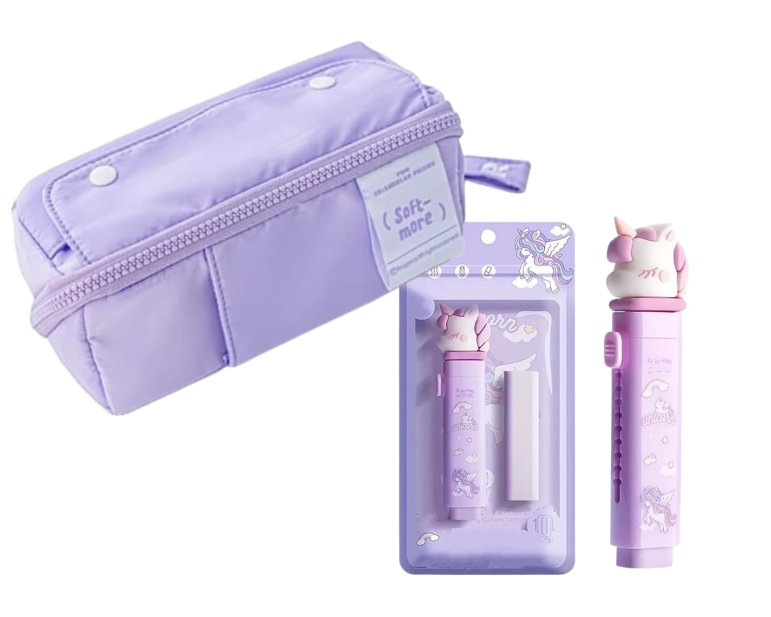 Alokik Cute Cartoon Pencil Pouch with Eraser, Multi-Compartment Zipper Durable Fabric Pencil Case Organizer Bag for School Boys Girls (Purple Soft More Pencil Pouch Combo)-image-7