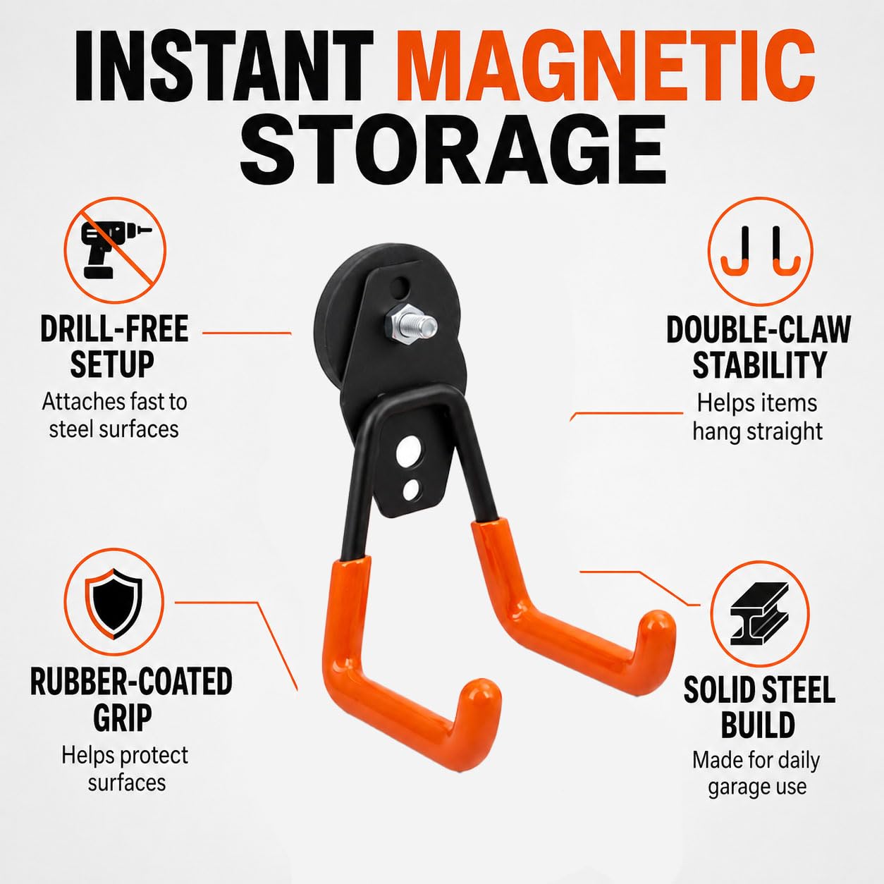 Heavy-Duty Magnetic Double-Claw Hook, Strong Utility Van organization, Double Hooks for Garage, Heavy Duty Magnetic Attachment for Hanging Tools and Organizing Equipment (4, M)