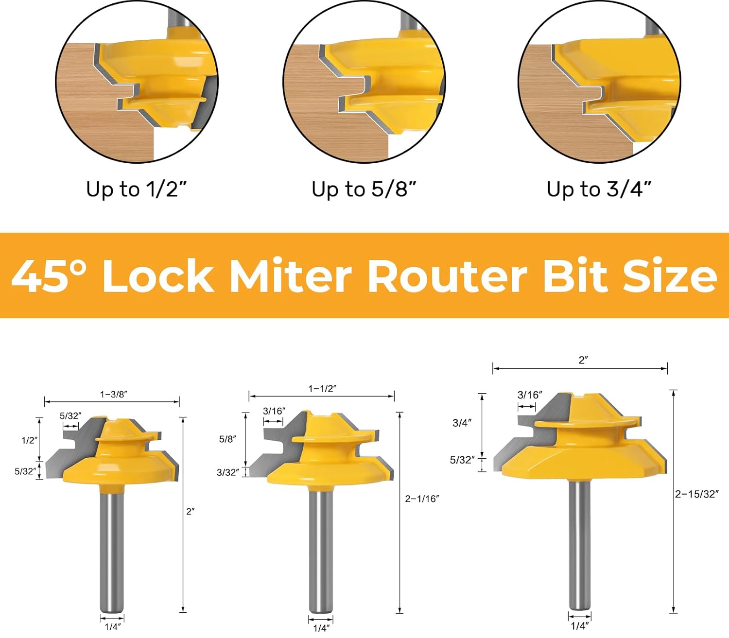 45 Degree Lock Miter Router Bit 3-Piece Set, for 1/2”, 5/8”, 3/4” Cutting Height.1/4 Inch Shank .Woodworking Tools Joint Router Bits Easy to Create Lock Miter Joint