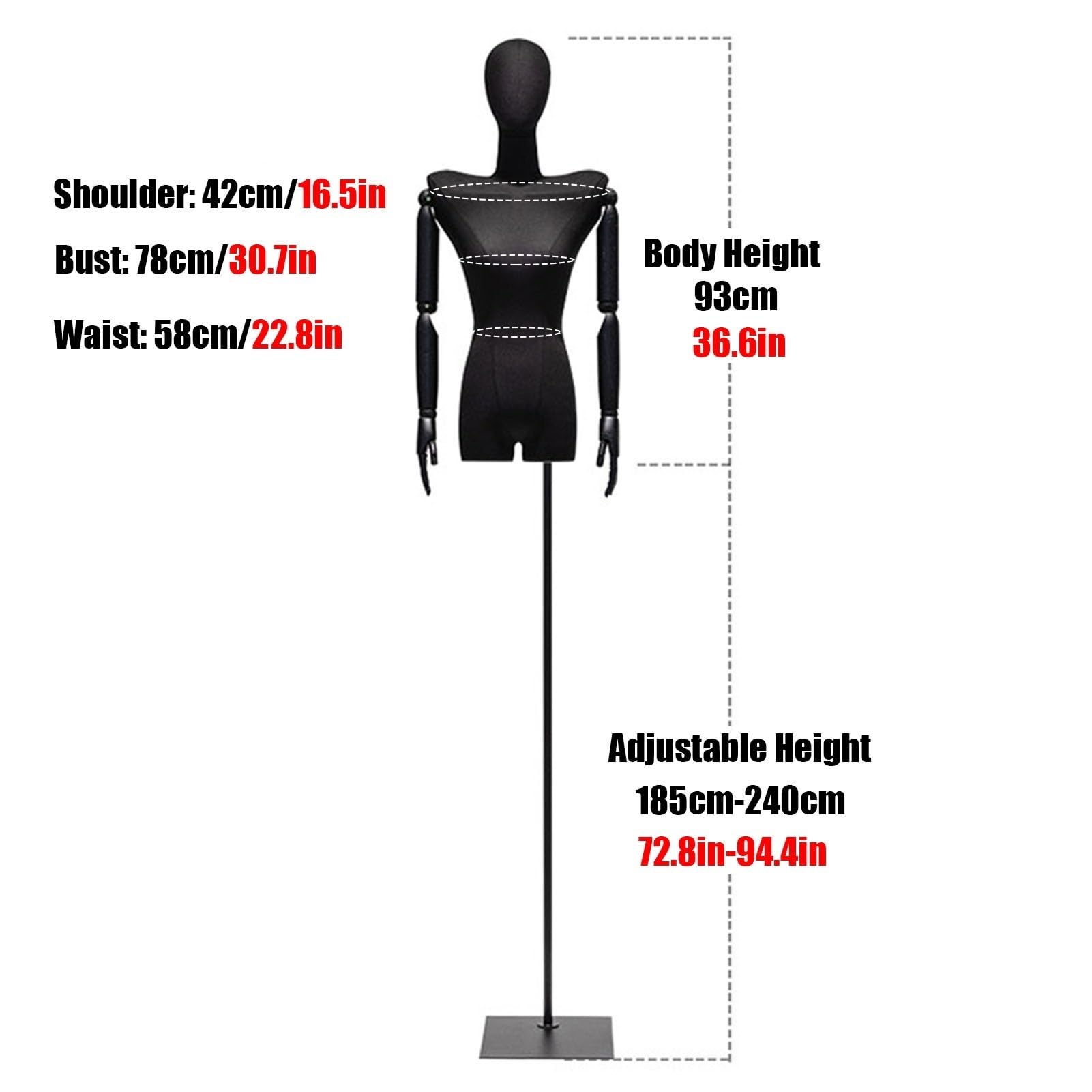 Manichino Sartoriale Busto Donna, Altezza Regolabile Torso da Cucire con Bracci di Faggio E Testa Staccabile for Esposizione Gioielli Abbigliamento(Black,A)