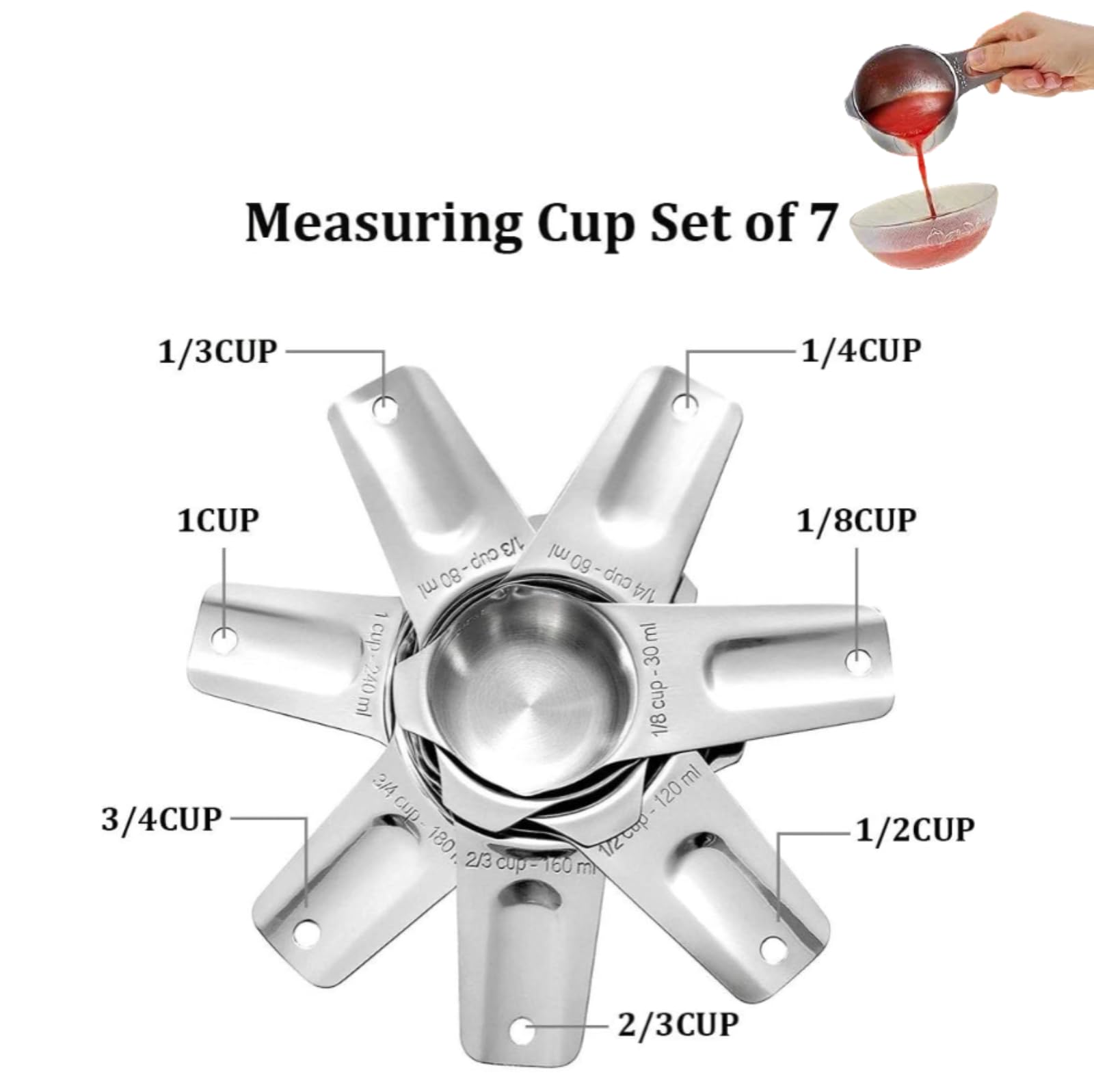 Messbecher aus Edelstahl, 7-teilig, stapelbar, für trockene oder flüssige Zutaten, Küchenhelfer und Utensilien, Metall-Messbecher, ideal zum Kochen und Backen