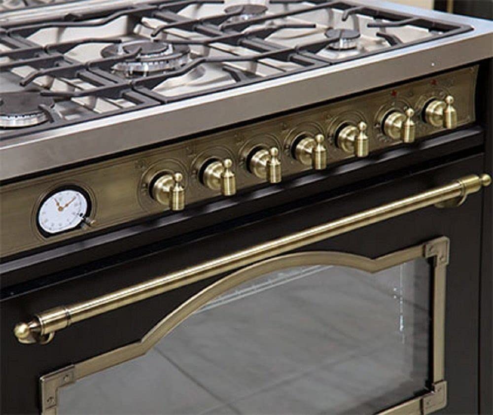 Kaiser Gas-Standherd Empire HGE 93555 Em+A 9423 BE ECO, Retro Gas Elektro Standherd 90 cm Range Coocker/Dunstabzugshaube 90 cm, 910 m³/h,Schwarz,Belle Époque mit Metallelementen •Antique Gold•