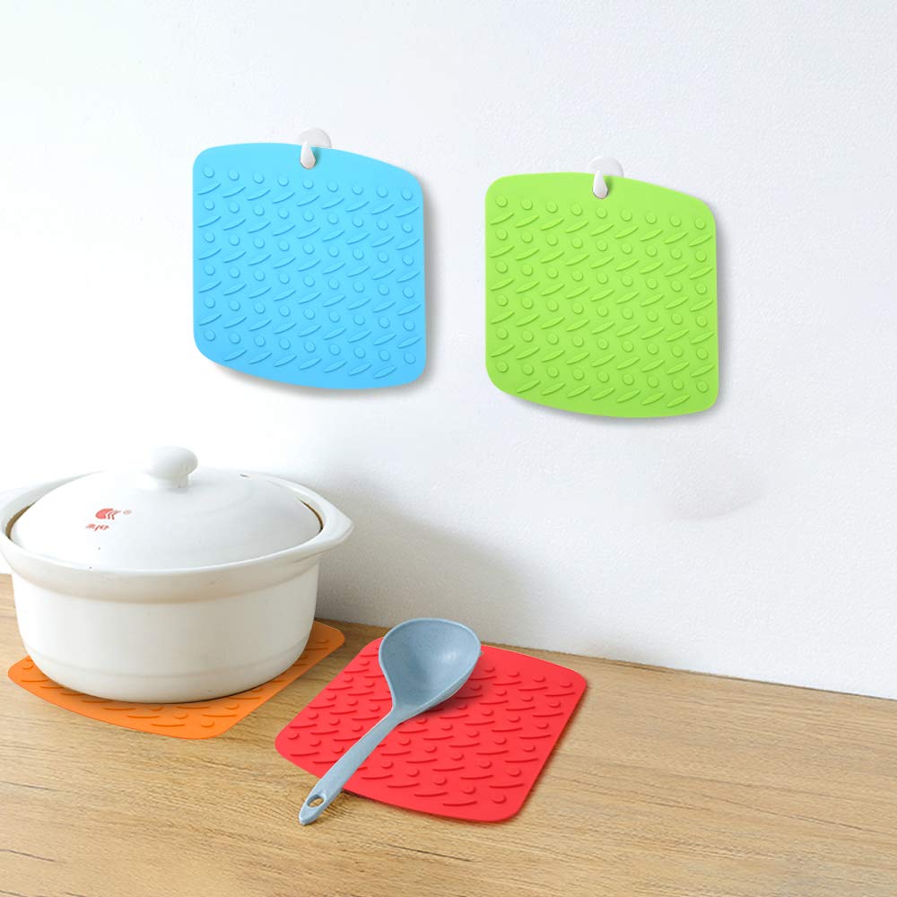 Aibrisk Silicone Trivet Mat Hot Pot Holders Hot Pads for Kitchen Non-Slip Heat Resistant Jar Opener Spoon Rest Garlic Peeler Potholders 4 Pack 7''x7