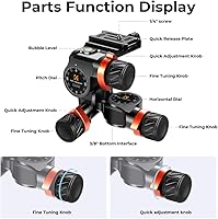 Vista 4 de K&F CONCEPT Cabezal de trípode con engranajes de 3 vías, microajuste milimétrico, cabezal de trípode de aleación de aluminio CNC completo, capacidad