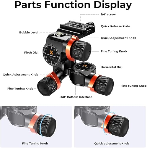 Miniatura 4 de K&F Concept Cabezal de trípode con engranaje de 3 vías, microajuste milimétrico, cabezal de trípode de aleación de aluminio CNC completo, capacidad