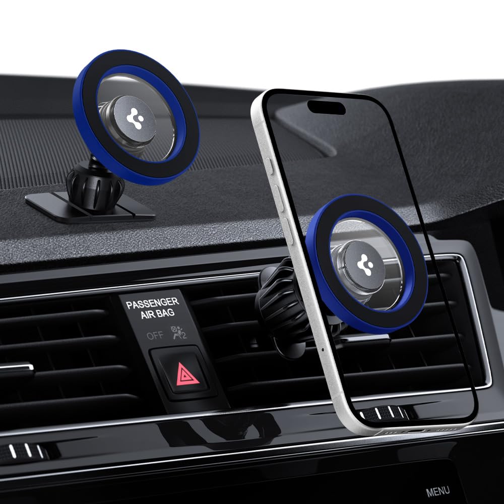 Spigen Magnetic Air Vent Car Mobile Holder [Super Strong Magnet] [MagSafe Ring Included][Extra Mini Dashboard Mount] for iPhone 16/15/14/13/12, Samsung Galaxy Series and More - Blue-image-43