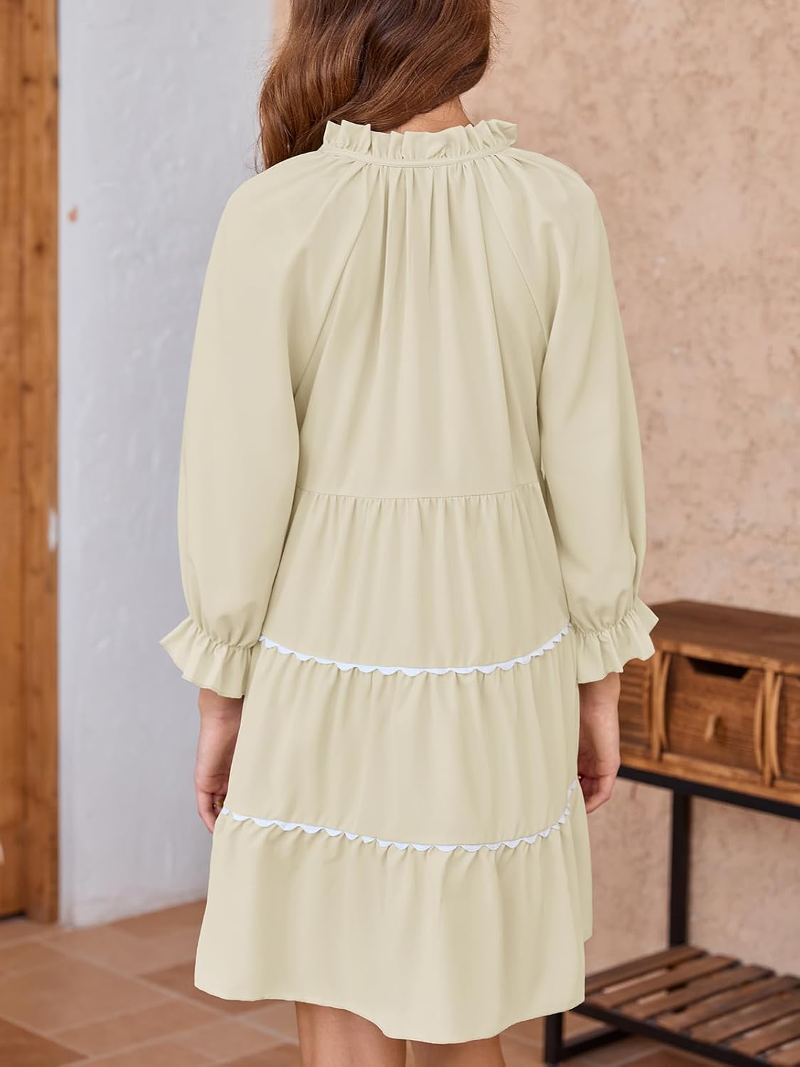 Wenrine Womens Casual Mini Dress Long Sleeve Floral Ruffle V Neck Fall Loose Boho Babydoll Dresses with Pockets - Image 5