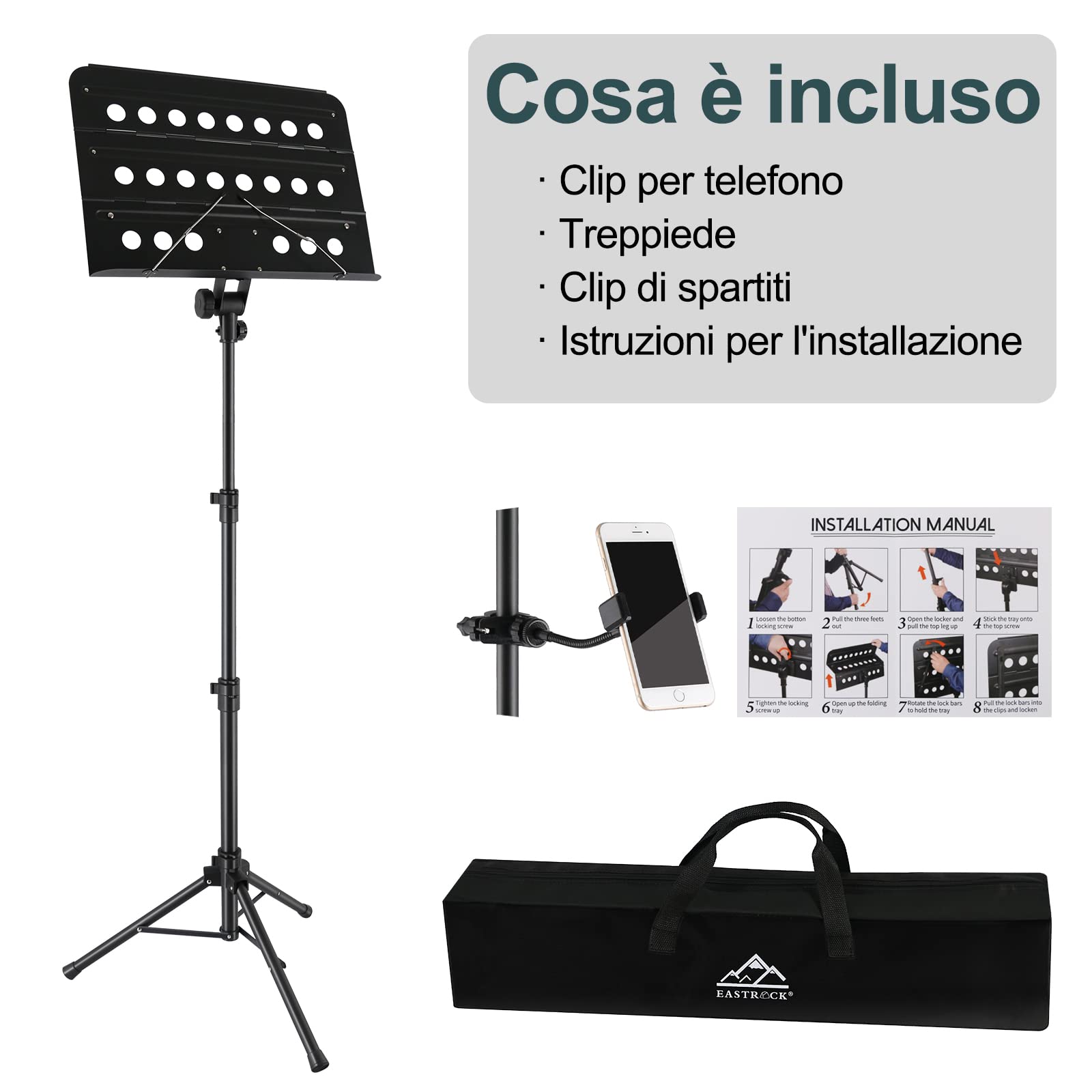 Eastrock Pupitre Musique Portable en Métal, Pupitre de Partitions Pliable, Pupitre Musique 2 en 1, Pupitre télescopique avec Support de téléphone, Pupitre en Livres Pliable Hauteur Réglable avec Sac
