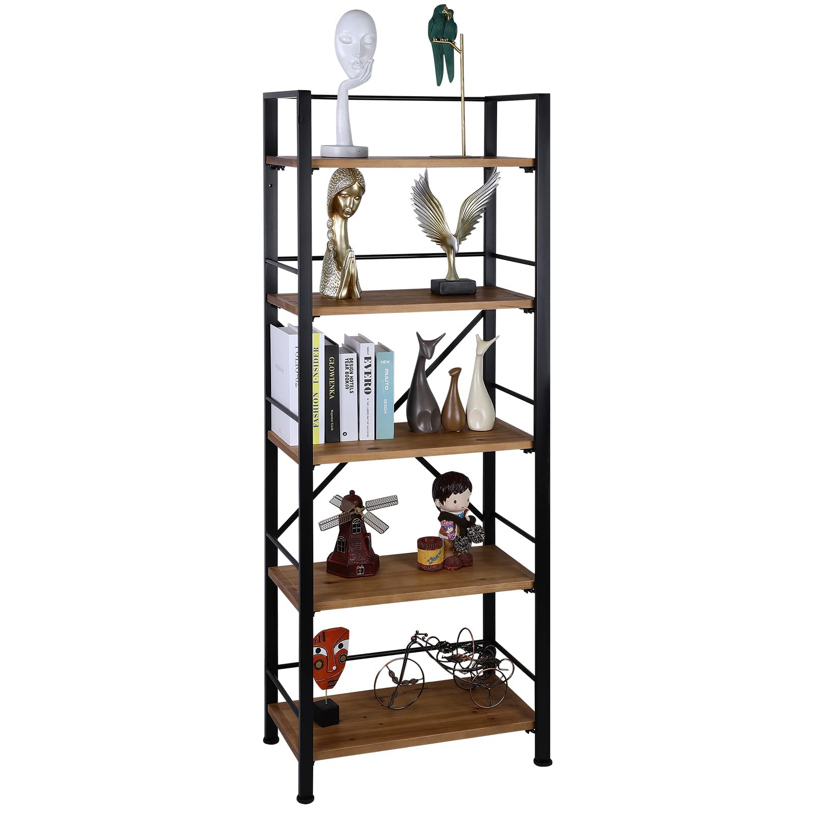 Crofy Rustic Bookshelf, 5 Tier Real Wood Bookshelf, BLACK for sale