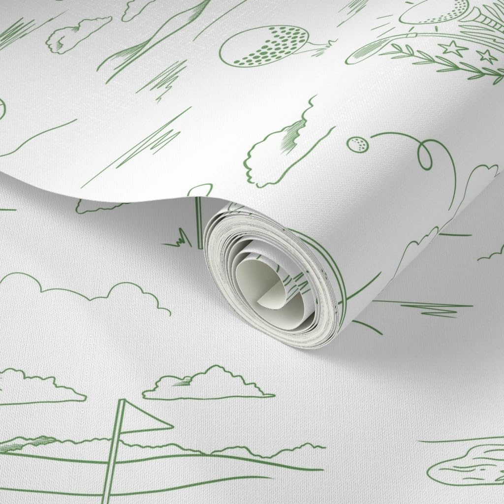 Spoonflower Peel & Stick Wallpaper 3ft x 2ft - Preppy Golfer Modern Toile Whimsical Father's Day Green and White Golf Clubs Tee Time Cart Course Custom Removable Wallpaper