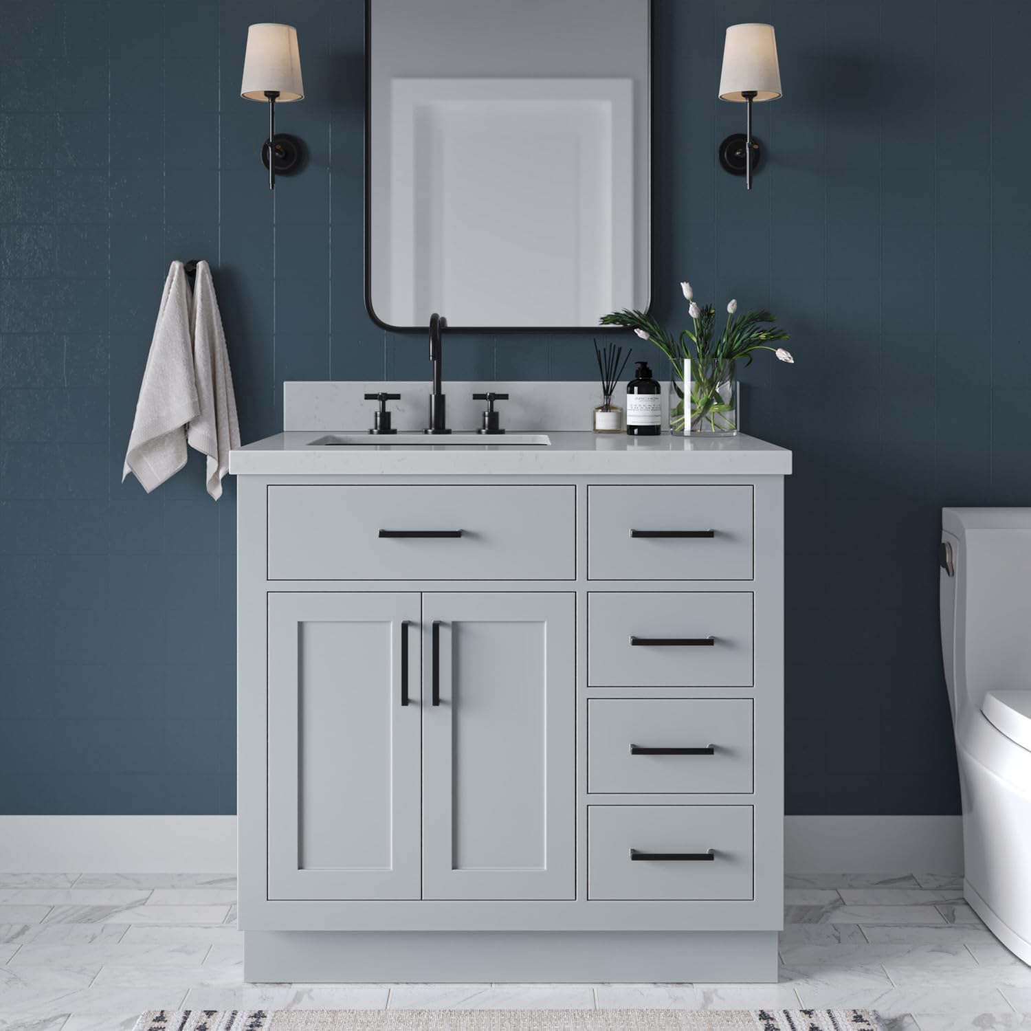 ARIEL Hepburn 36-inch Bathroom Vanity with Sink,Solid Wood, 1.5-inch Carrara White Quartz Countertop & Backsplash, Single Rectangular Porcelain Sink, 2 Soft Closing Doors, 5 Dovetail Drawers, Grey