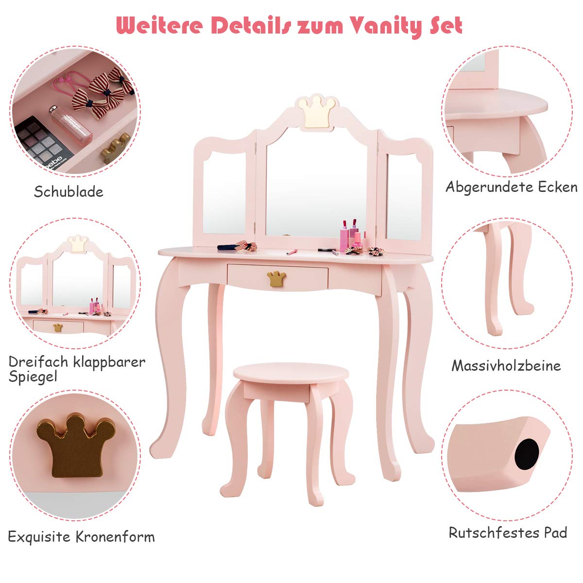 COSTWAY Kinder Schminktisch mit Hocker und Abnehmbarer Spiegel, Mädchen Frisiertisch Holz, Kindertisch mit Schublade, Spiegeltisch 80x42x105cm (Rosa)
