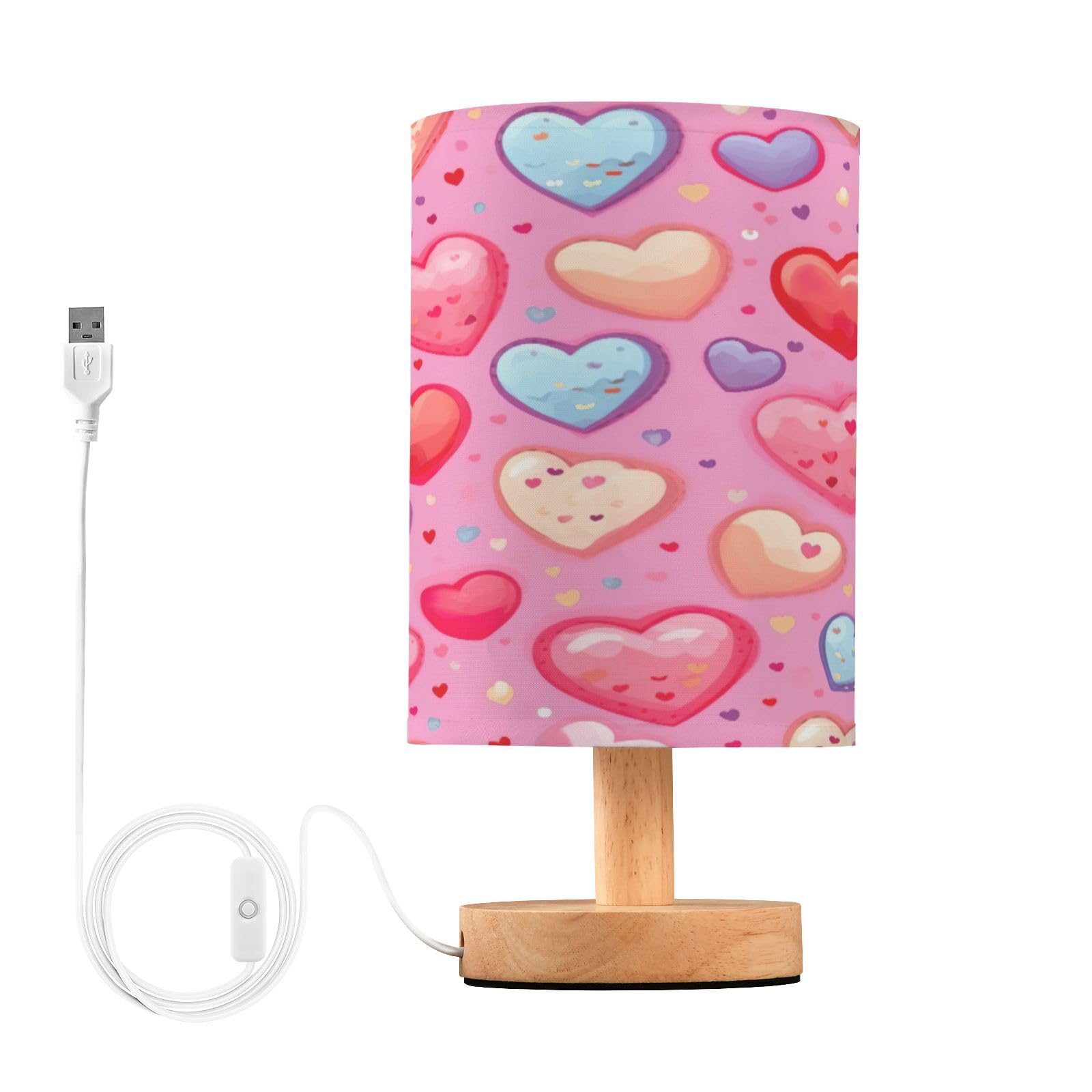 SDMKA Valentine Pattern Bedside Table Lamp for Bedroom, Minimalist Nightstand Lamp with Round Fabric Shade for Living Room, Office, No Bulb Required