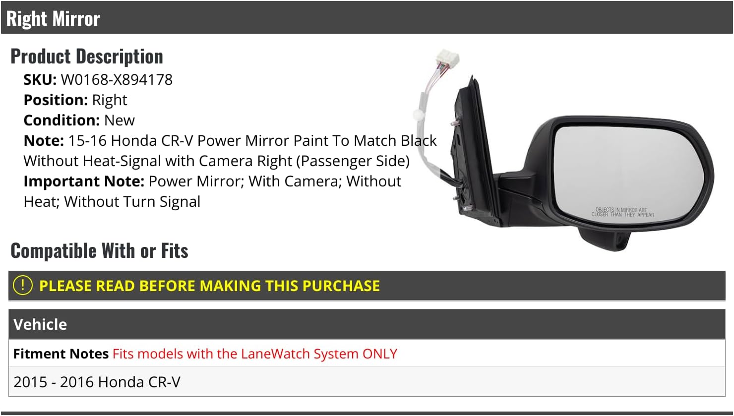 Right Passenger Side Power Mirror - Black - with Camera - without Heated Glass and Turn Signal - Compatible with 2015-2016 Honda CR-V (for Vehicles with Lane Watch System Only)
