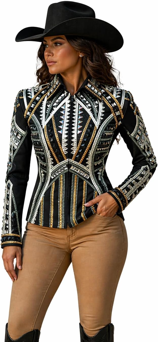 Western Women's Black with Gold linings Showmanship Jackets Stone Embedded Fabric Handmade Embroidery Equestrian Outfit