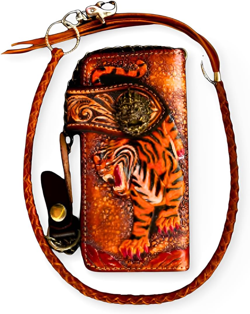 Handmade Leather Long Wallet – Tiger Engraved, Brass Chain & Artistic Embossed Design