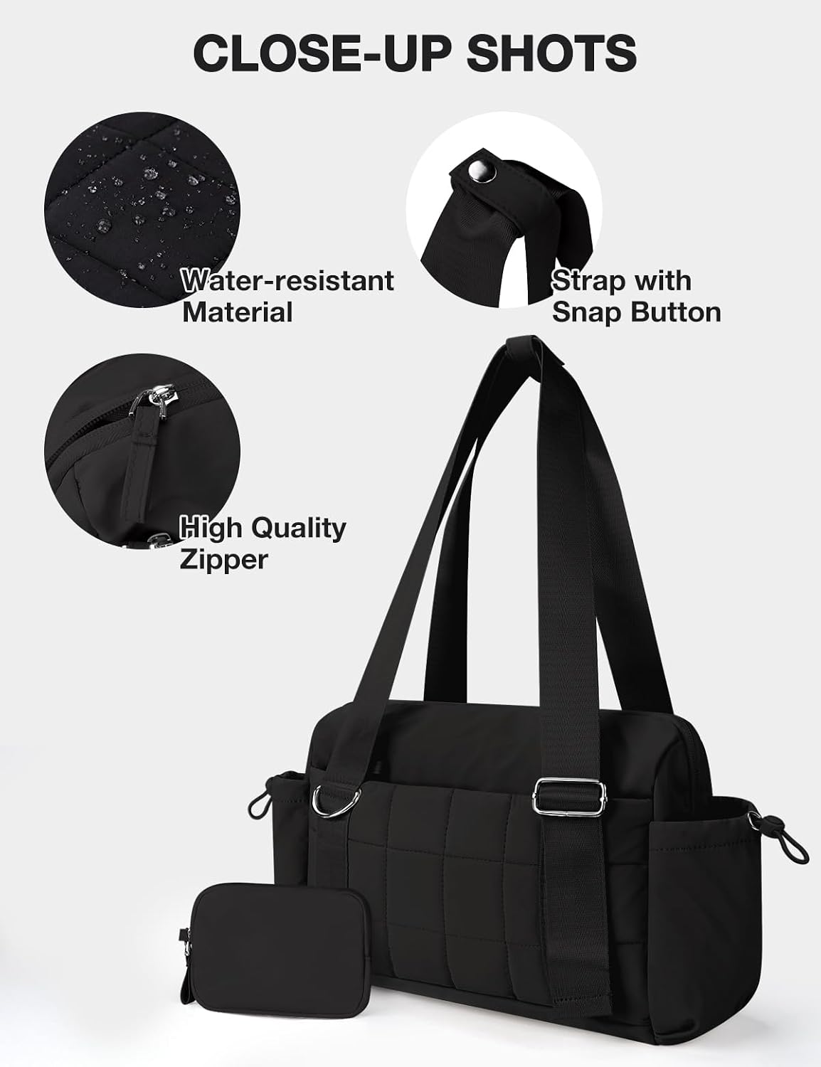 Mini Gym Bag for Women Puffy Bag, Small Gym Bag with Coin Wallet, Lightweight Gym Tote Bag for Fitness, Work, Travel, Daily Commute,Black