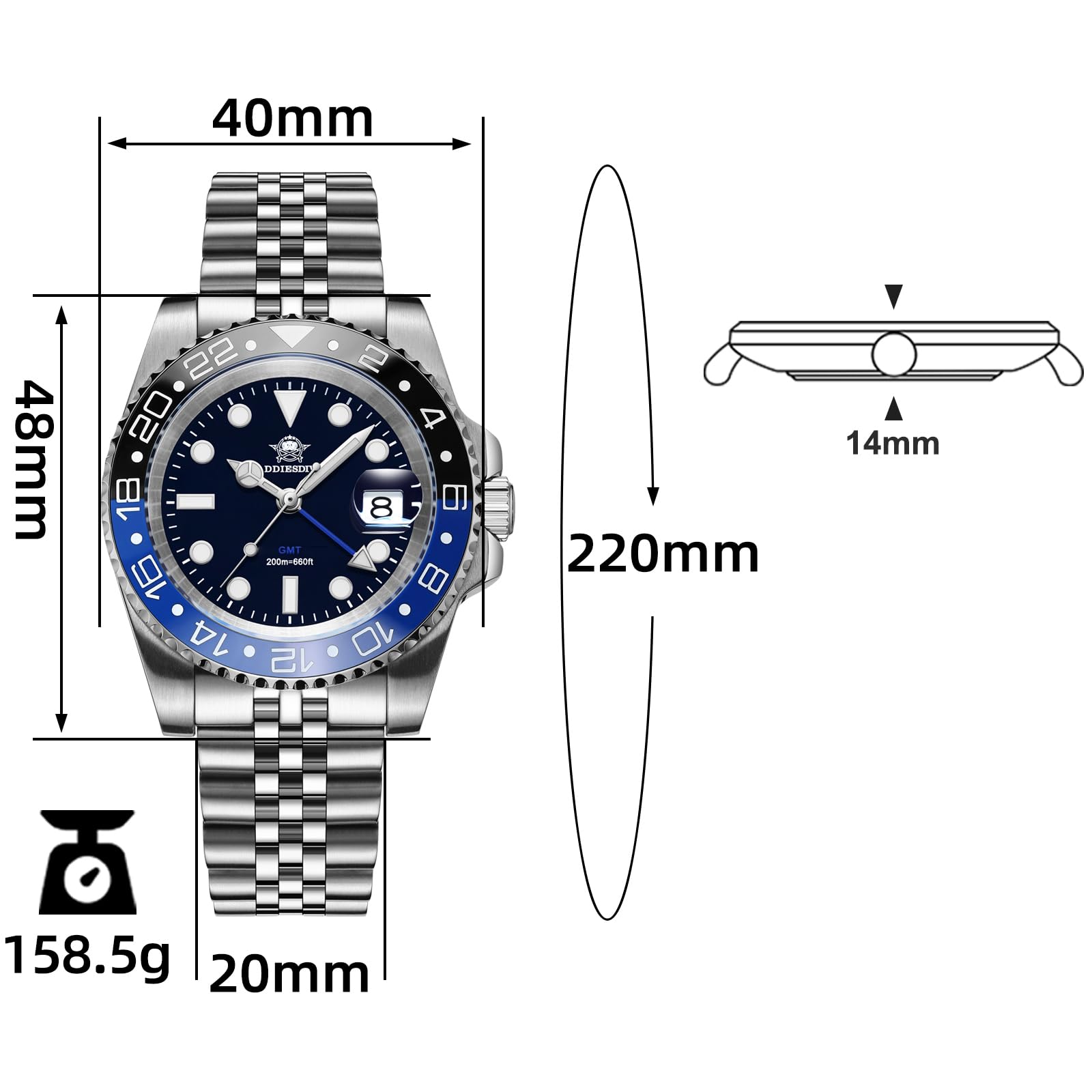 ADDIESDIVE GMT Orologio Uomo Diver Impermeabile 200 M Bidirezionale Svizzero 515-24 H Luminoso Acciaio Inossidabile Orologio Uomo Quarz