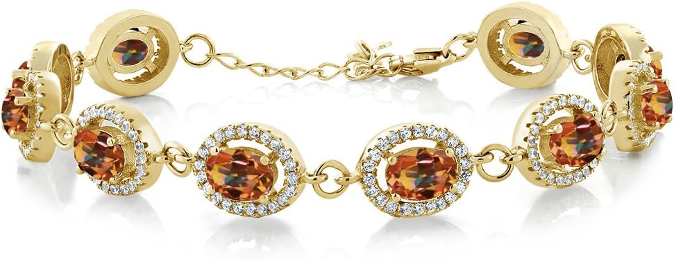 Gem Stone King 18K Yellow Gold Plated Silver 7X5MM Oval Gemstone Birthstone Tennis Bracelet For Women | Size 7.5 Inch | Fine Jewelry Gifts for Women Her Mom Wife
