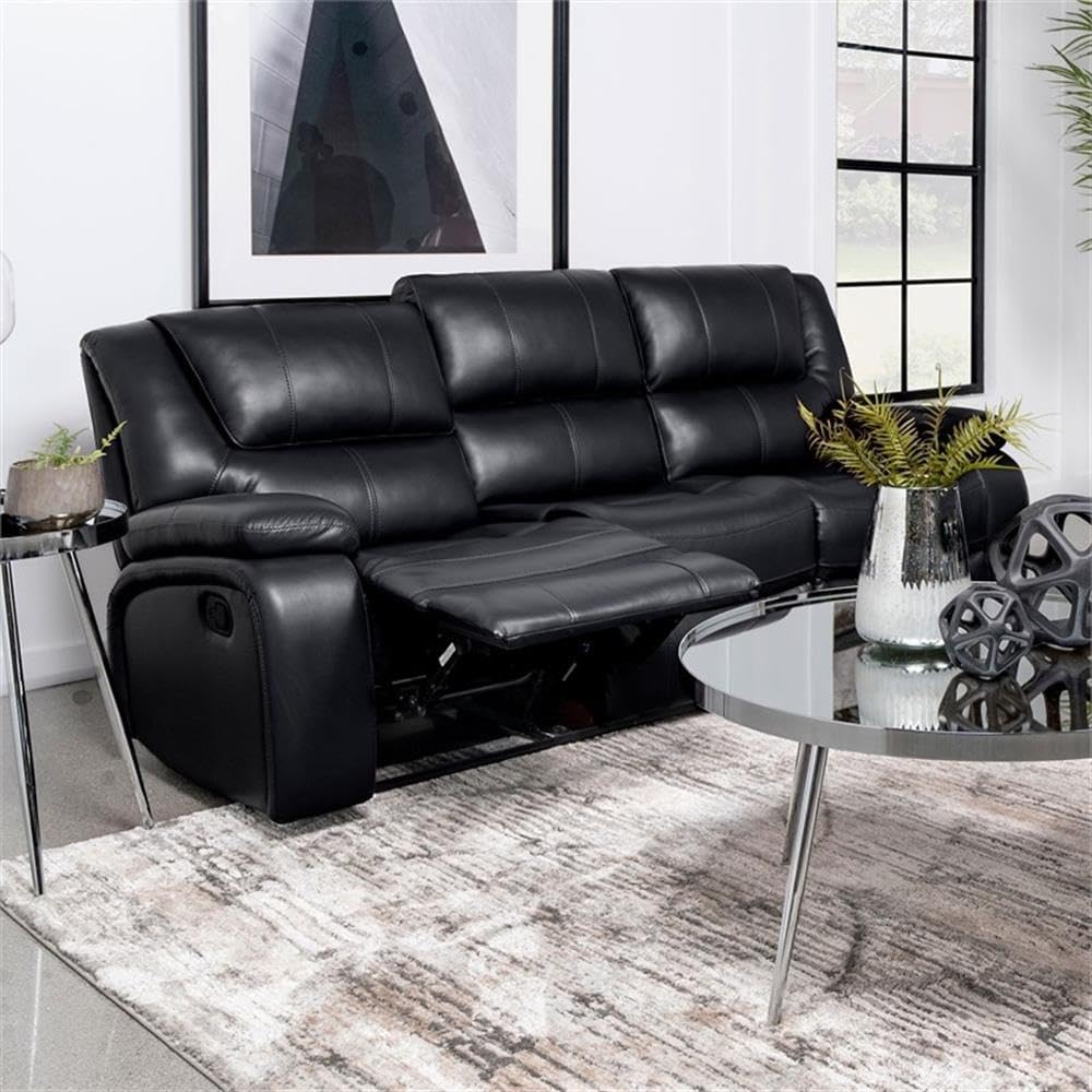 Pemberly Row Faux Leather Upholstered Motion Reclining Sofa, Black Finish, Manual Recline, Glider Recliner with Padded Armrests and Attached Cushions for Living Room Comfort, 85.5" W x 38.25" D x 38"