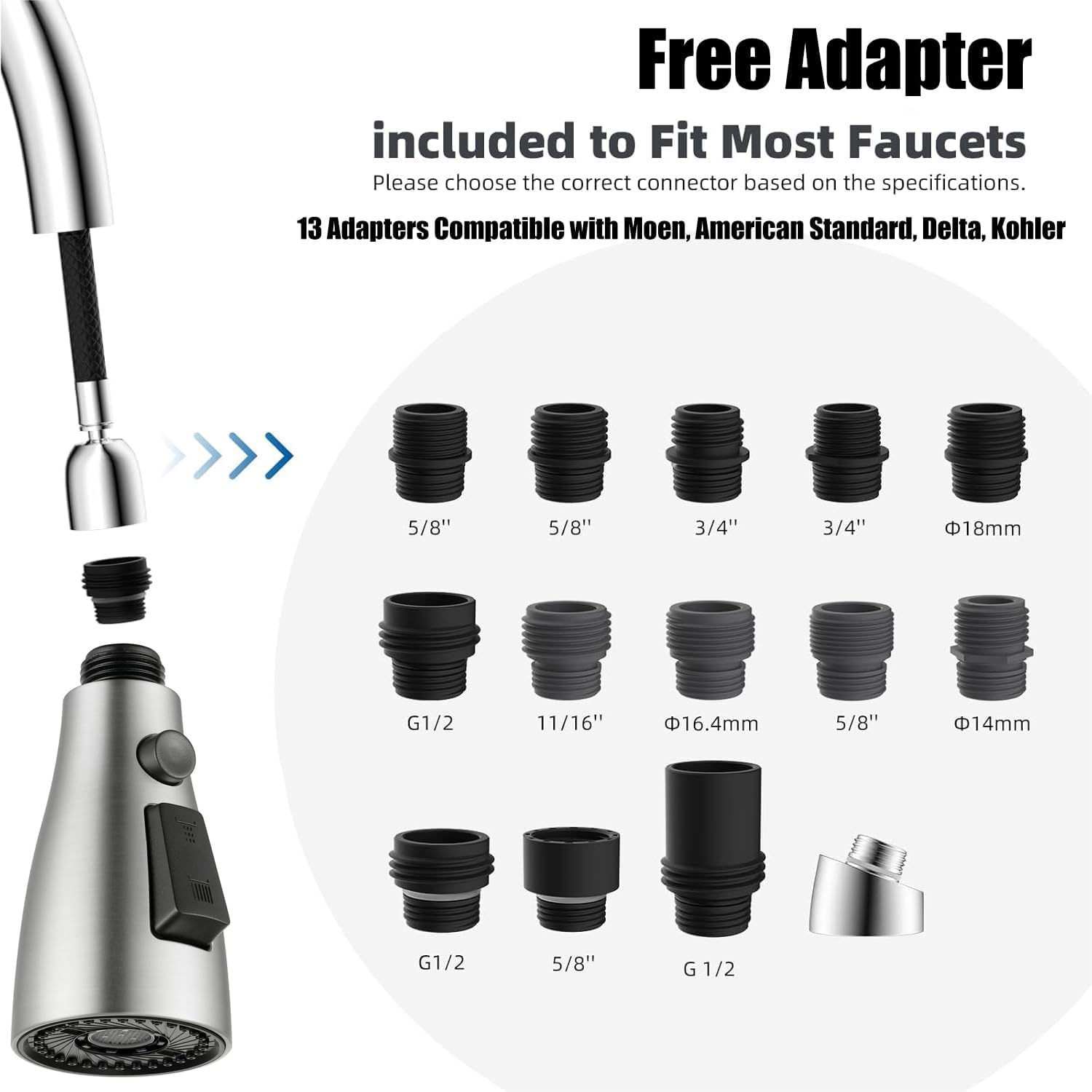 Kitchen Sink Pull Down Faucet Spray Head Replacement Parts Tap Sprayer Nozzle with 14 Adapters for Moen, American Standard, Delta, Kohler Faucets, Stream Spray and Pause Mode, Brushed Nickel