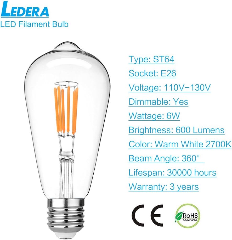 Amazing 🔥 LEDERA ST64 Vintage LED Edison Bulbs Dimmable, Equivalent 60W, Warm White 2700K, Antique LED Filament Bulbs,E26 Medium Base, 600lm, 2700K Warm White, Clear Glass (6-Pack)