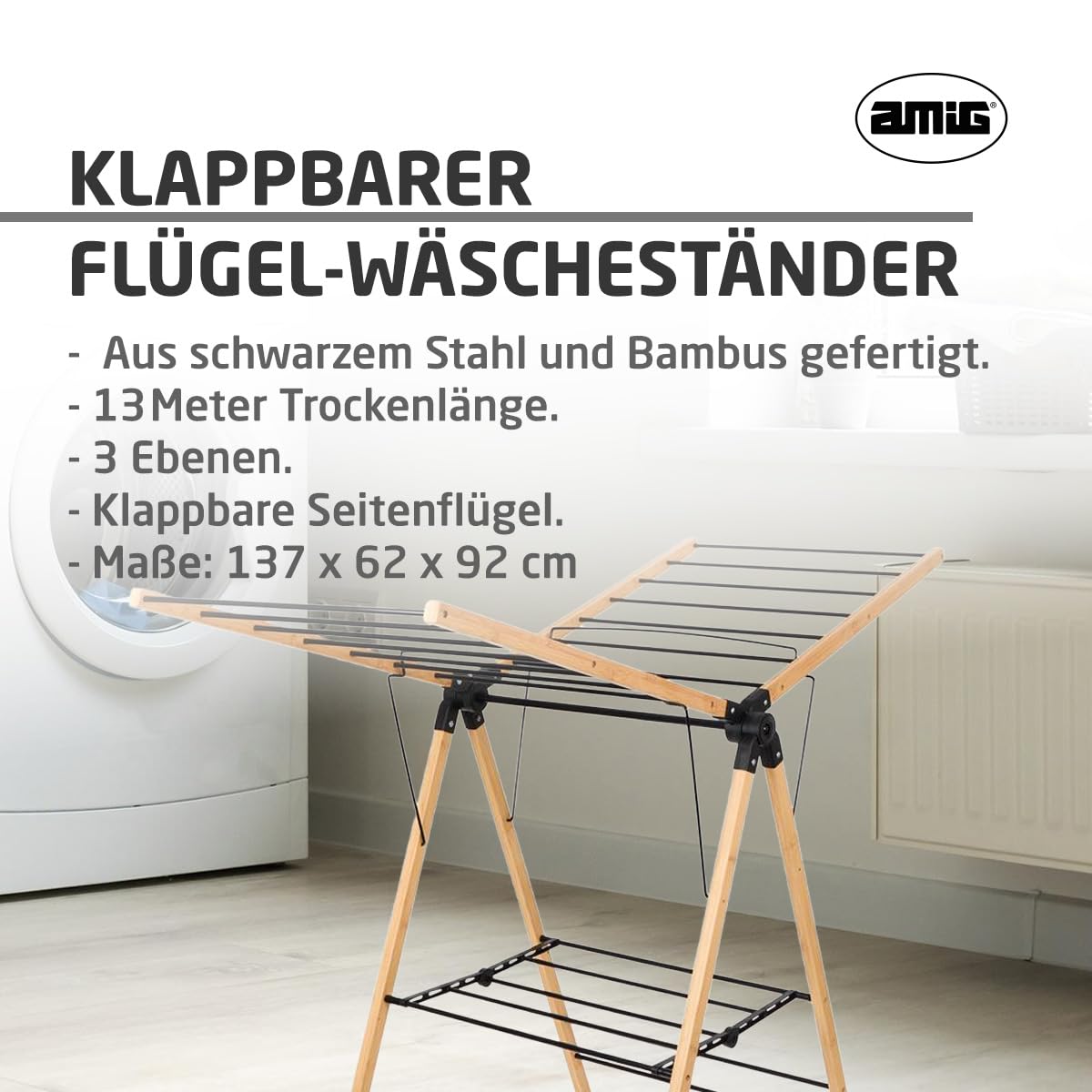 Amig - Klappbarer Wäscheständer mit Flügeln Mod. Aeria NaturDry - Epoxidstahl und Bambus - Wäschetrockner - Einfaches Auf- und Zusammenklappen - 13m Trockenfläche - 137x62x92 cm - Farbe Schwarz/Bambu