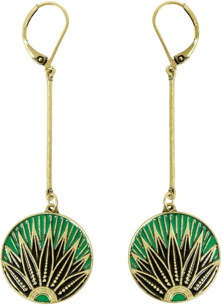 Lovett & Co Art Deco Long Disc Gold Leaf Drop Earrings for Women, 1920s, Gatsby Inspired Vintage Jewellery