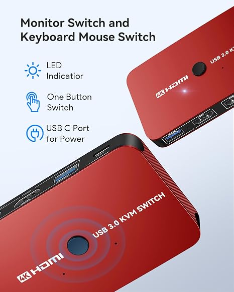 KVM Switch ، ABLEWE Aluminium KVM Switch HDMI ، KVM Switch ل 2 كمبيوتر يشتركان في شاشة واحدة وطابعة لوحة مفاتيح الماوس ، دعم 4K @ 60Hz ، 2 كابلات HDMI وكابلات USB ، يشمل شحن USB
