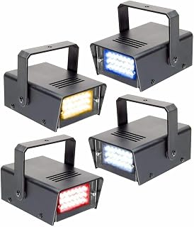 BeamZ Pack de 4 mini strobos/flash con 24 leds de 5mm por unidad, cada flash proyecta u n color, rojo, amarillo, azul y blanco, autoajuste de velocidad, el resultado es un efecto espectacular.