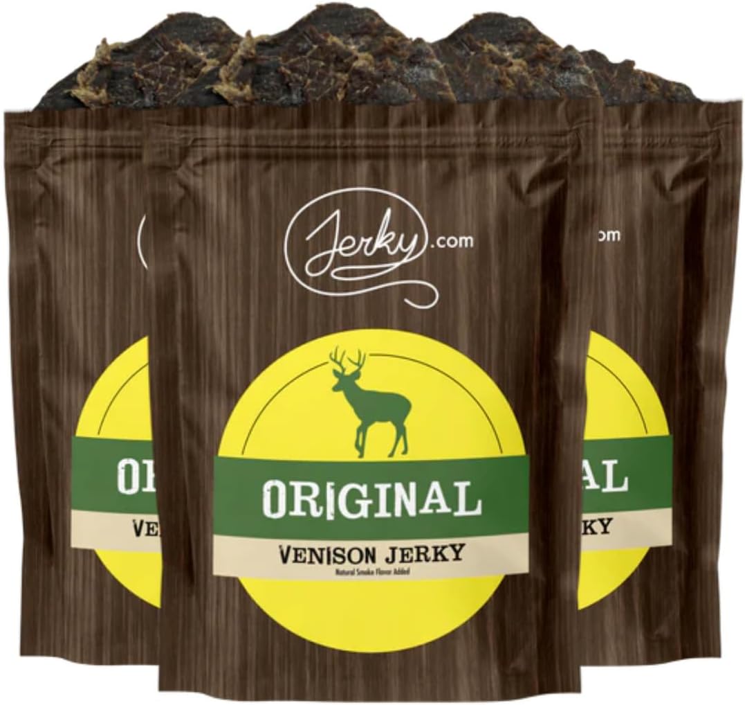 Jerky.com Original Venison Jerky 3-Pack - Exotic Jerky High Protein, Gluten-Free, All-Natural Exotic Snack - Premium Wild Game Meat - Perfect for Hiking, Camping, and On-the-Go 1.75oz (Pack of 3)