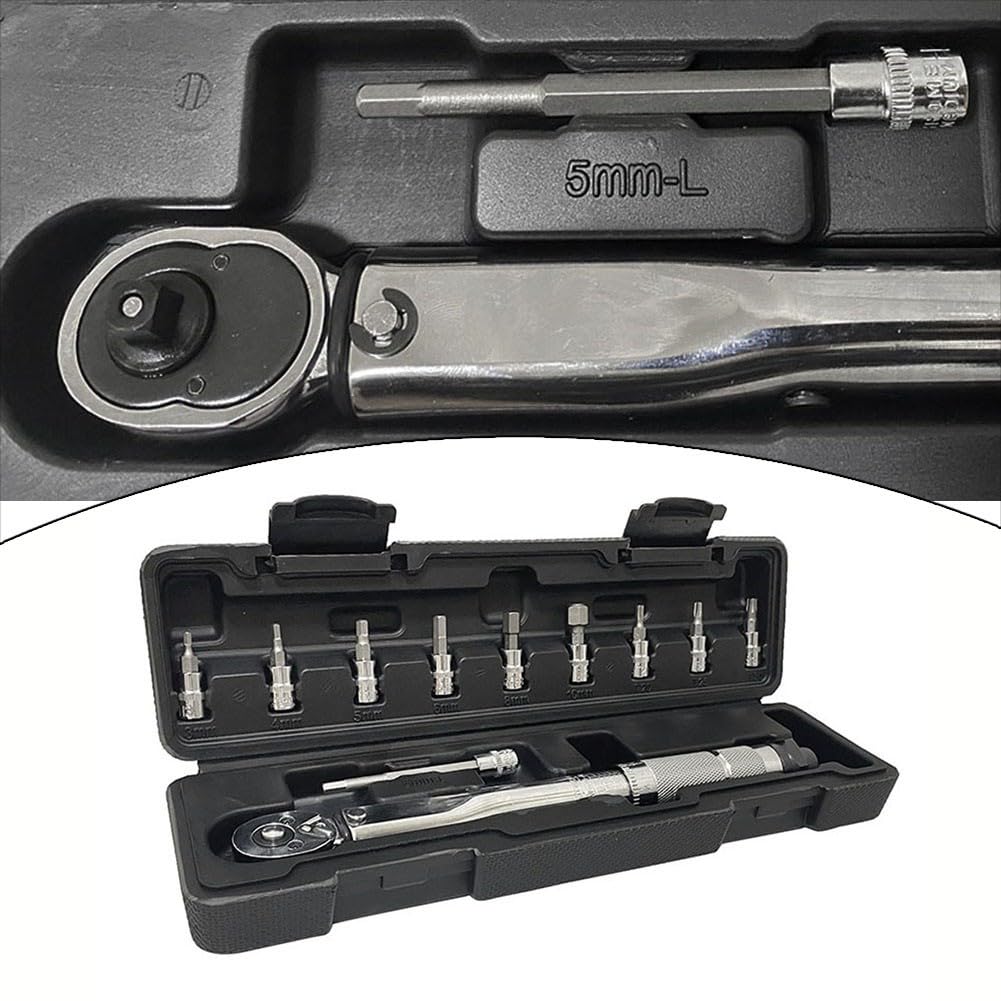 EasyByMall Set di chiavi dinamometriche a scatto da 1/4", 5 – 25 Nm, con 9 prese e asta di prolunga, per riparazione auto e bici, 11 pezzi