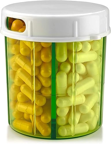 Miniatura 9 de Dispensador redondo de pastillas, paquete de 2, cajas de pastillas con 4 compartimentos para medicamentos, vitaminas y suplementos, botella de