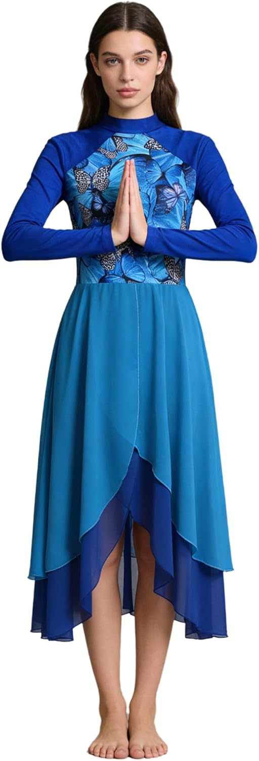 JEATHA Women's Praise Dance Dress Tunic Long Sleevees Irregular Tiered Worship Lyrical Dance Chiffon Dress