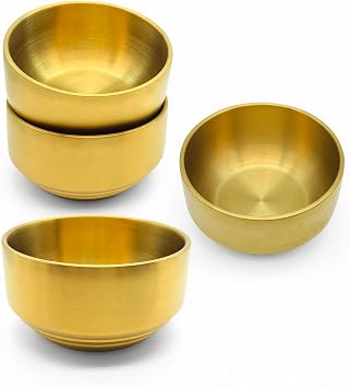 4 Pack Gold Stainless Steel Cereal Bowl, 12cm Double Wall Rice Salad Noodle Soup Bowls, Unbreakable Metal Mixing Nesting Bowls, Stackable Insulated Serving Bowl Container for Hot Cold Foods