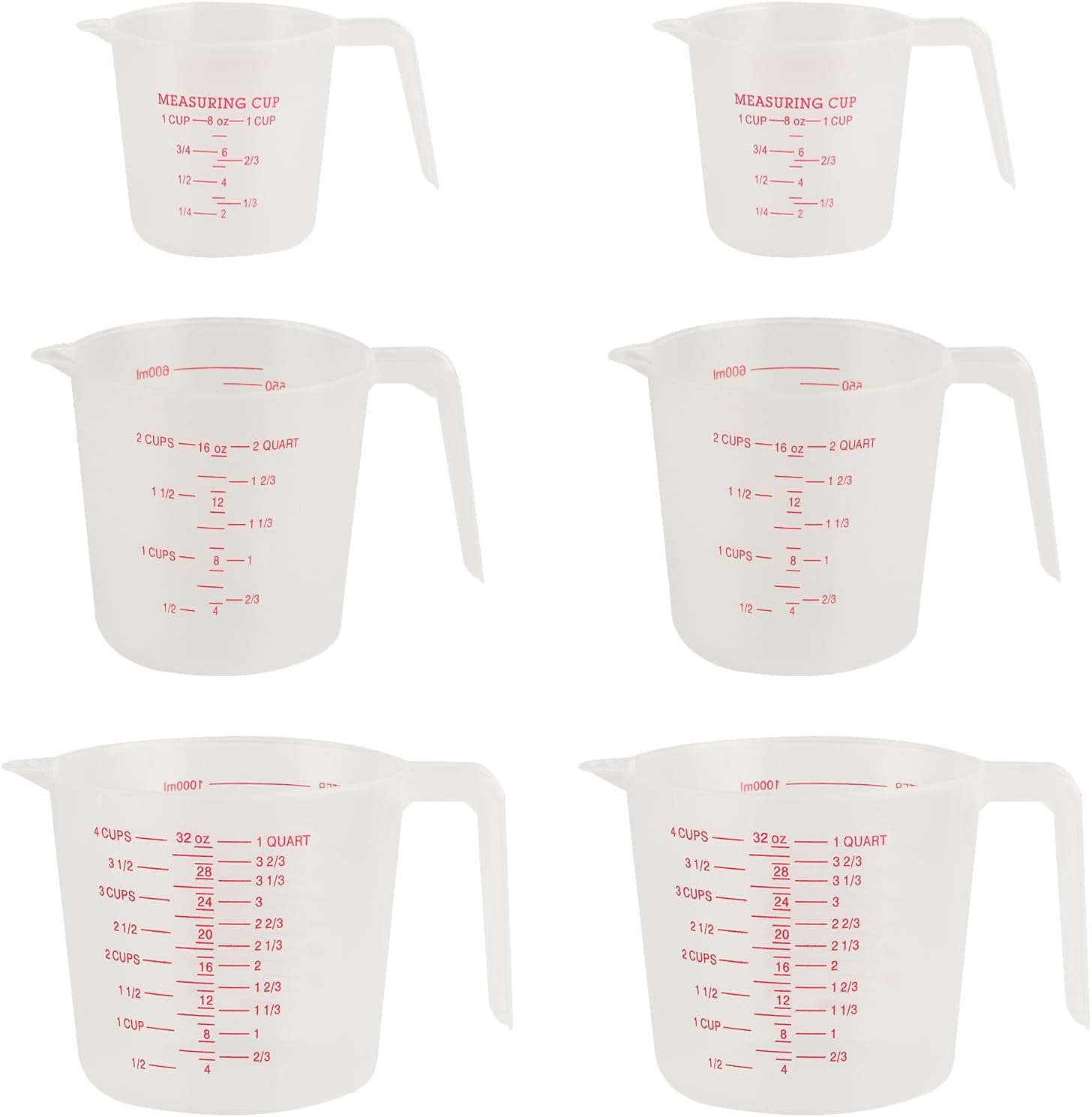 Zestaw 6 miarek do układania w stos, zestaw miarek o pojemności 250 ml, 500 ml i 1 l, z tworzywa sztucznego, z uchwytem i drabinką, odporny na wysokie temperatury, przezroczysty, do laboratorium