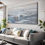 Large Blue Abstract Canvas Wall Art Impressionist Coastal Three Boats Painting in Soft Blue Tones Framed Wall Decor for Living Room, Bedroom, Kitchen, Bathroom, Dining Room Ready to Hang 60x120 CM