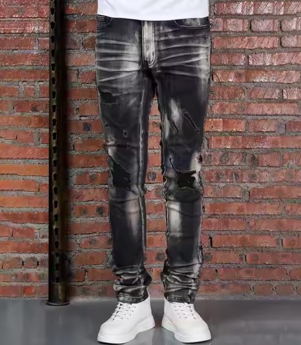 Men's Slim-fit Mid-Rise Jeans with Distressed and Tie-dye Detailing, Casual Hip-hop Style Men's Jeans2