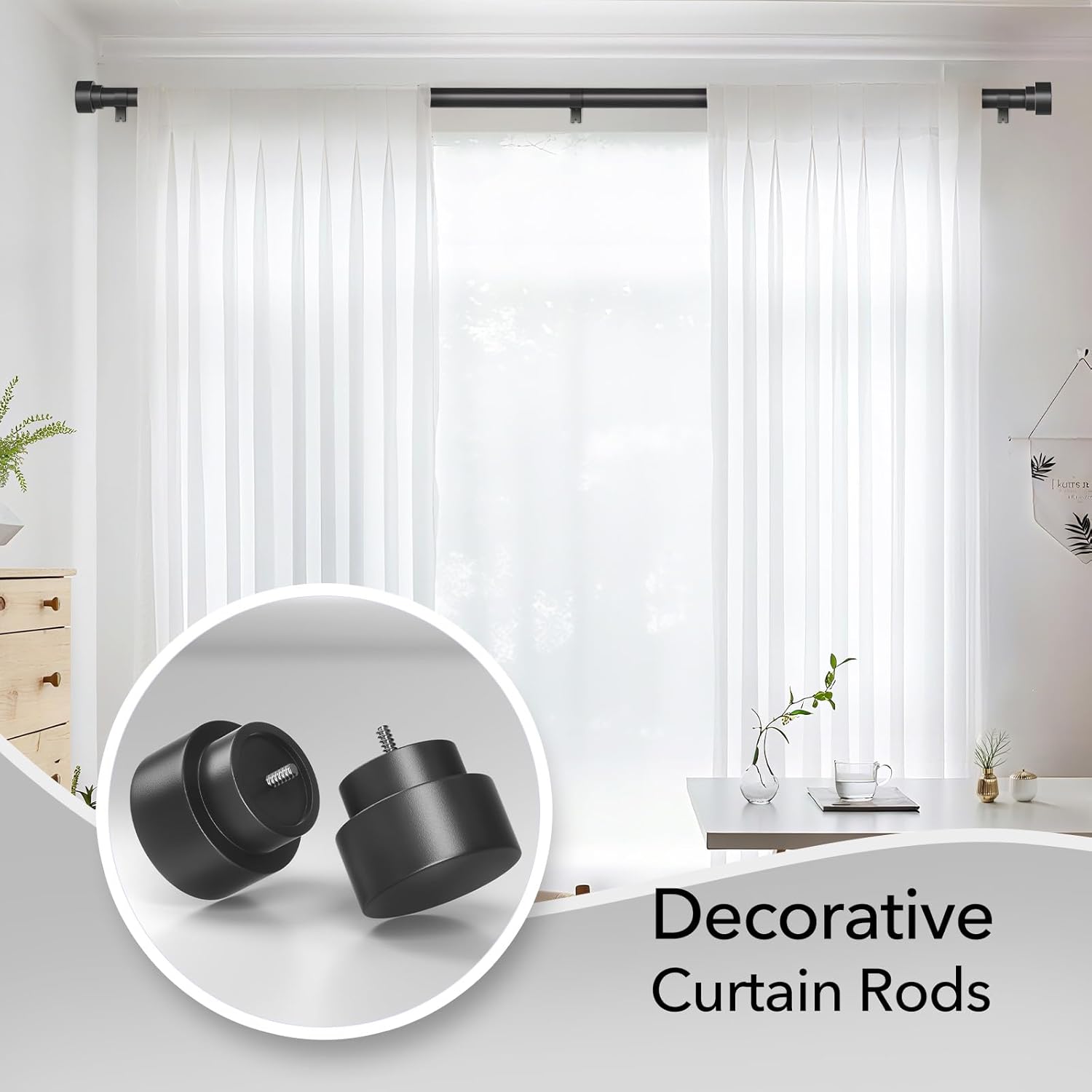 Black Curtain Rods for Windows 32 to 150 Inch, Heavy Duty Curtain Rod Adjustable Length, 1 Inch Diameter Modern Decorative Curtains Rods(Black,32-150")