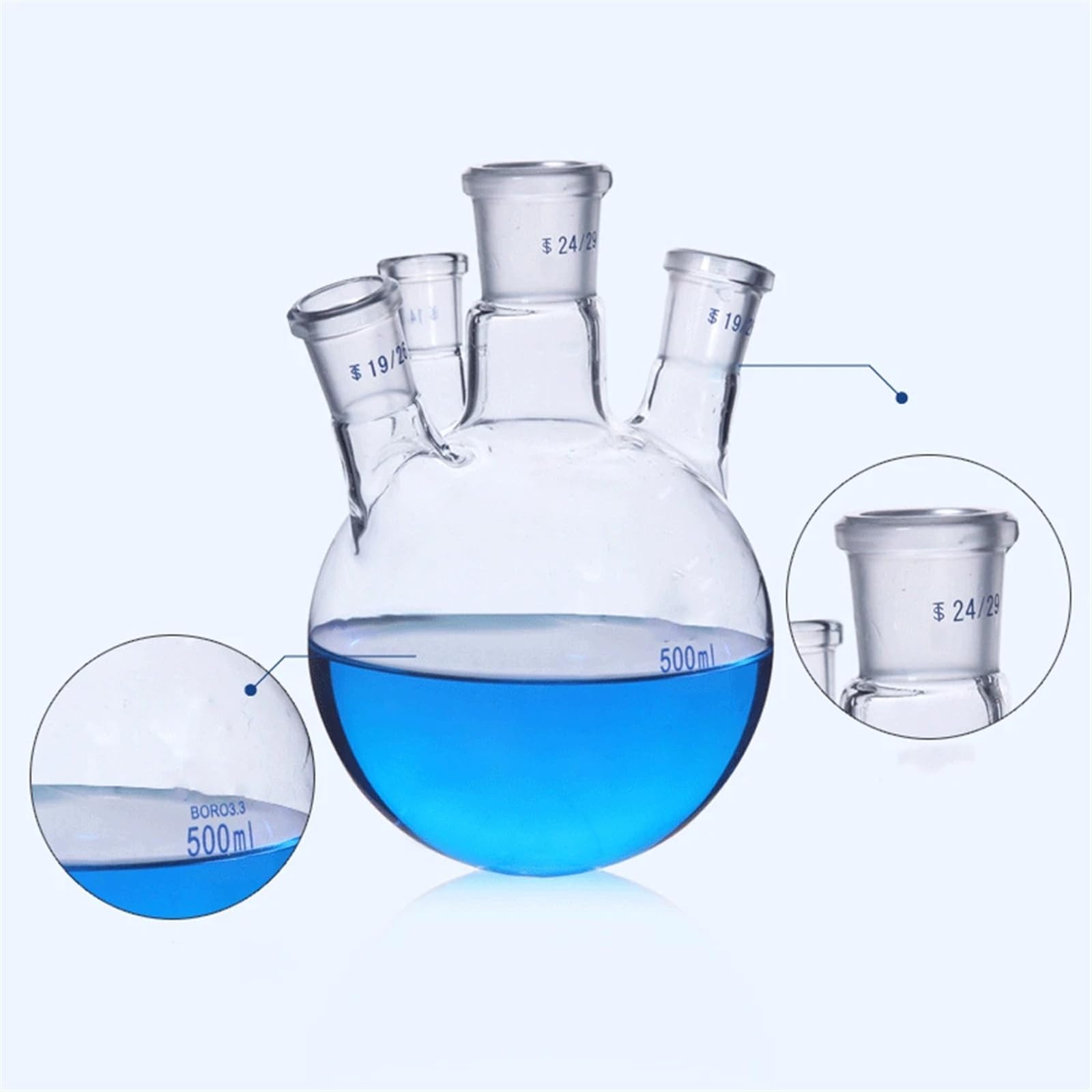 19/26 24/29 29/32 Estándar 100/250/500/1000/2000 ml Frasco de reacción de vidrio de 4 cuellos Laboratorio Laboratorio Experimento químico(100ml 24-24-24-24)