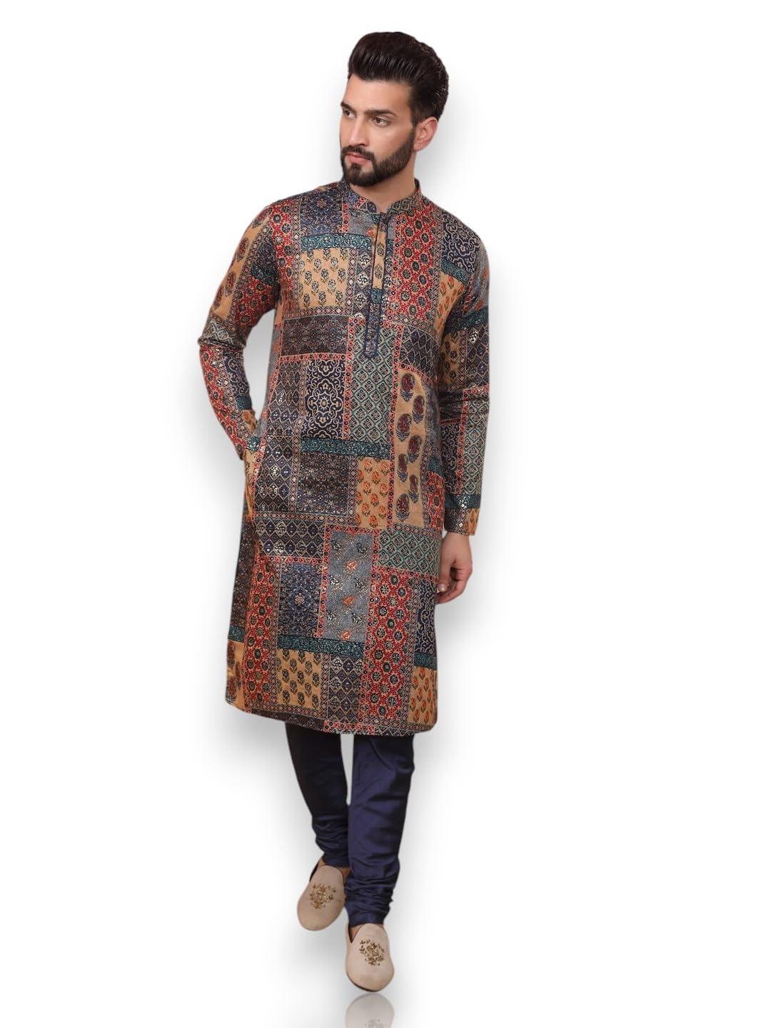 Kisah Men's Kurta Dhoti Set, Multi Cotton Blend, Printed Regular Fit Long Sleeves Mandarin Collar (X-Large)