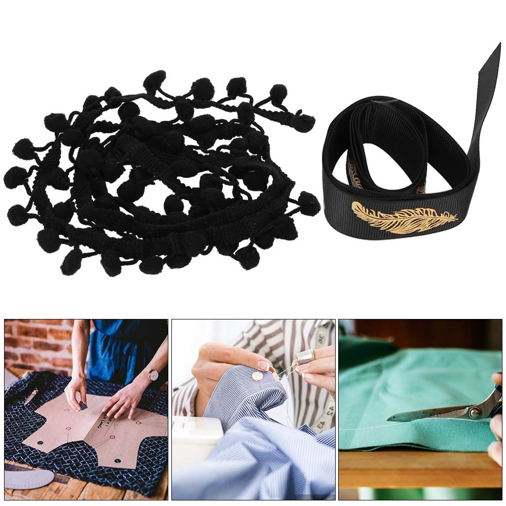 Szycie koronkowych wykończeń, 2 szt. Wstążka z frędzlami w kształcie kulki Pom Tapicerka do szycia, wianek kuli Szycie frędzli Koronka(Black)