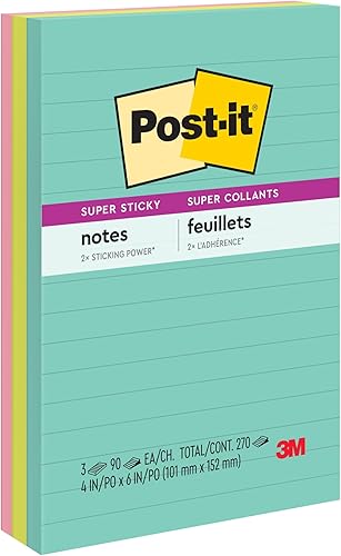 Post-it Notas rayadas súper adhesivas, 4 x 6 pulgadas, multicolor, 3 blocs por paquete (45 hojasbloc, 135 hojas en total), notas adhesivas de neón