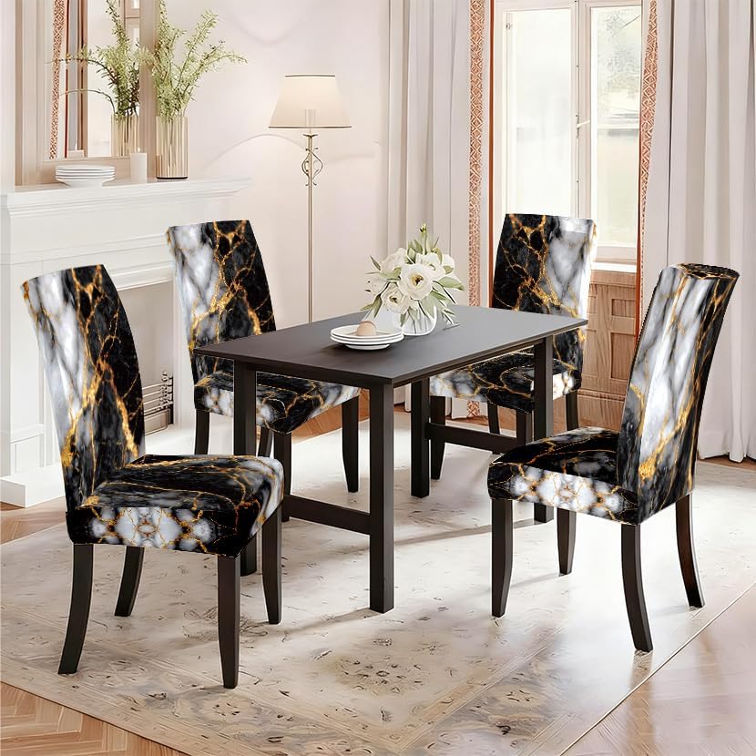 4 Pack Dining Chair Slipcovers 17.72 x 39.37 Inch Marble Pattern Dining Room Chair Covers for Kitchen Dining Room Home Décor