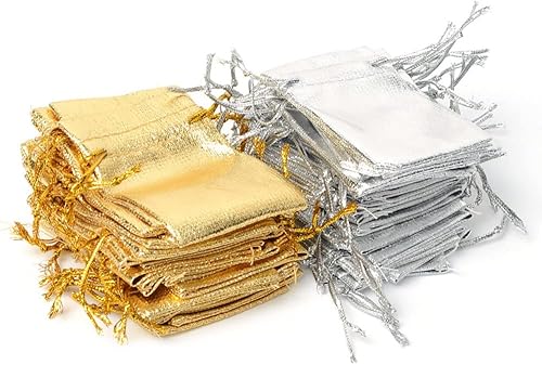 Miniatura 1 de 50 bolsas con cordón de organza para joyería, bolsas de almacenamiento, bolsas de regalo para joyas, fiestas de Navidad, regalos de boda (dorado +