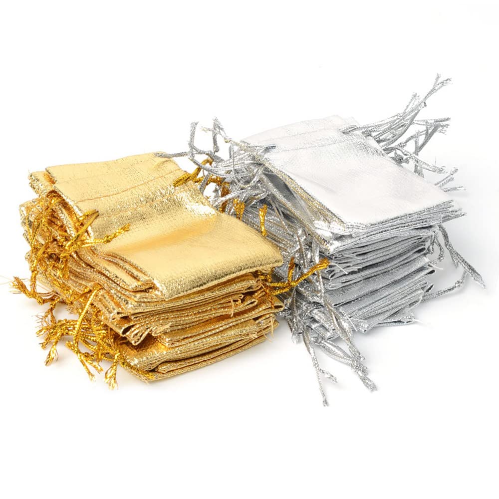 SKYPRO 50Pcs Drawstring Bags Organza Jewelry Bags Storage Pouches Candy Gift Bags for Jewelry Christmas Party Wedding Favors (Golden + Silver 13x18cm)
