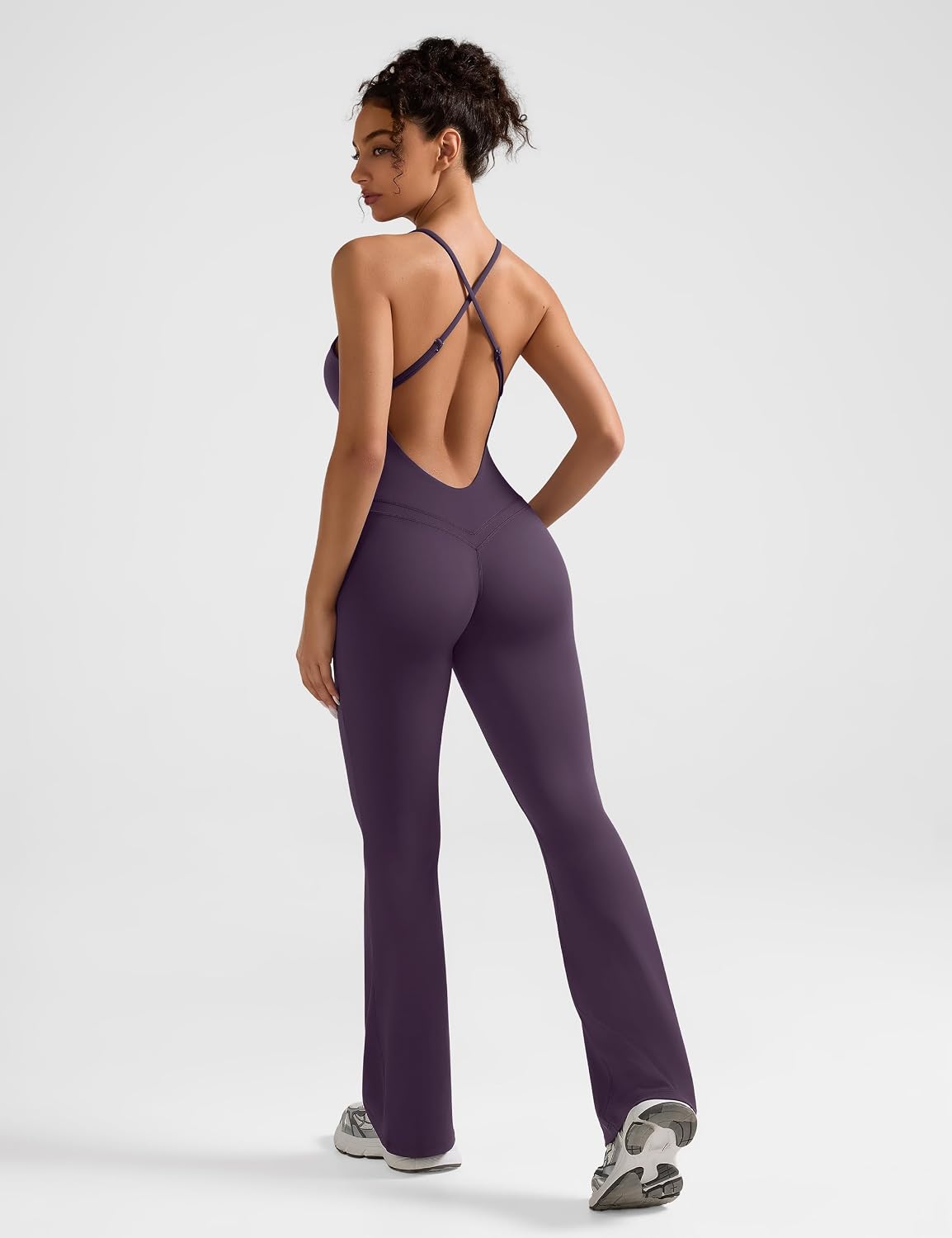 Relety Womens Flare Workout Jumpsuits Scoop Neck Strappy Backless Tummy Control One Piece Yoga Gym Leggings Padded Rompers