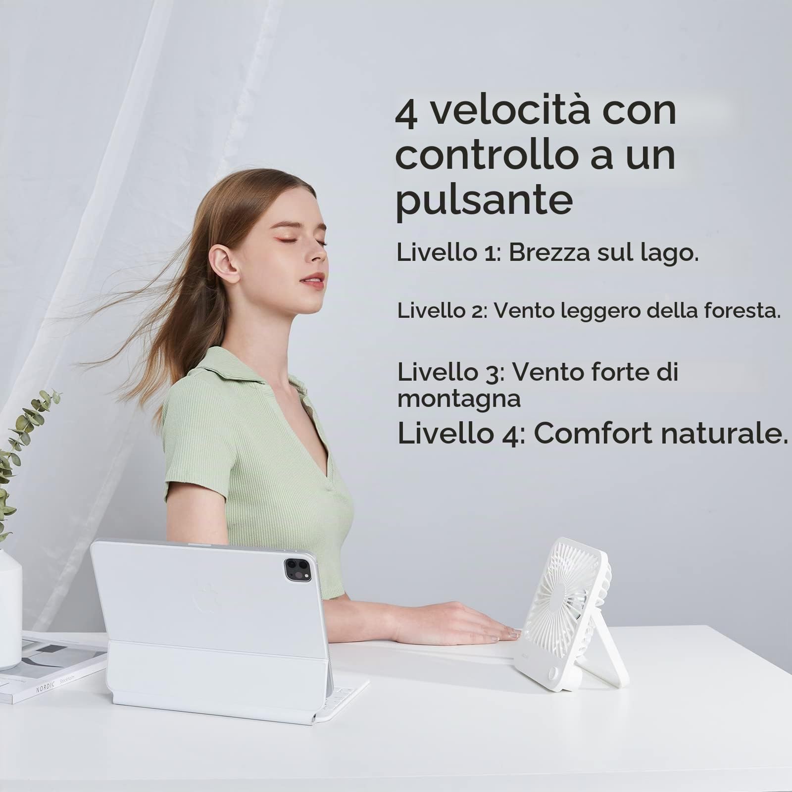 JISULIFE Ventilatore da Tavolo Portatile, 4500mAh Ventilatore Ricaricabile Alimentata a Batteria, Pieghevole a 180°, 4 Velocità Della Ventola Regolabili, Adatto a Casa/Ufficio/Viaggio-Bianco | Ventilatore USB pieghevole a 180°, 4 velocità regolabili, sile