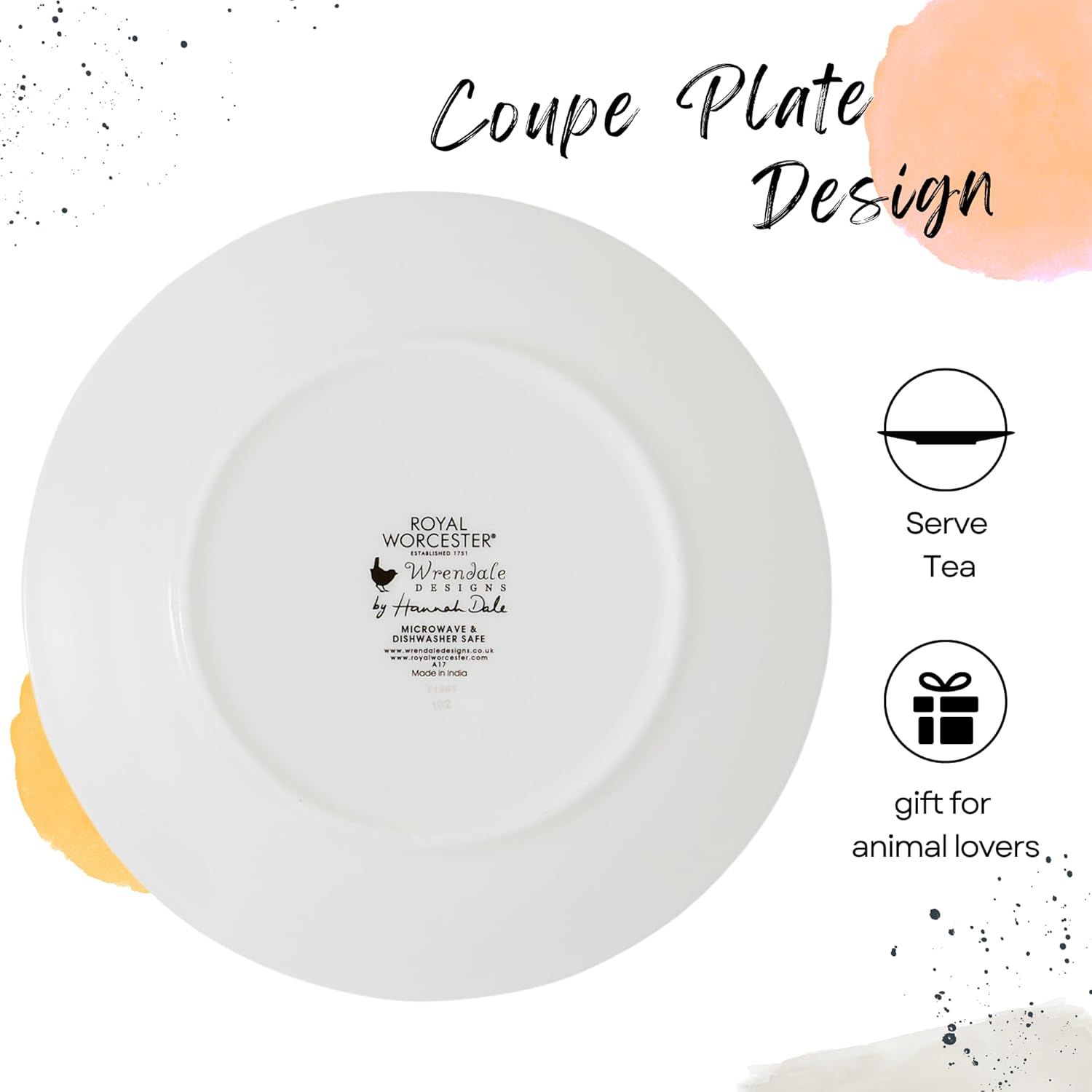 Portmeirion Royal Worcester Wrendale Designs Coupe Tea Plate | 6.5 Inch | Set of 2 | Dog and Mouse Motifs | Small Plate for Appetizers or Dessert | Made of Fine Bone China | Dishwasher Safe