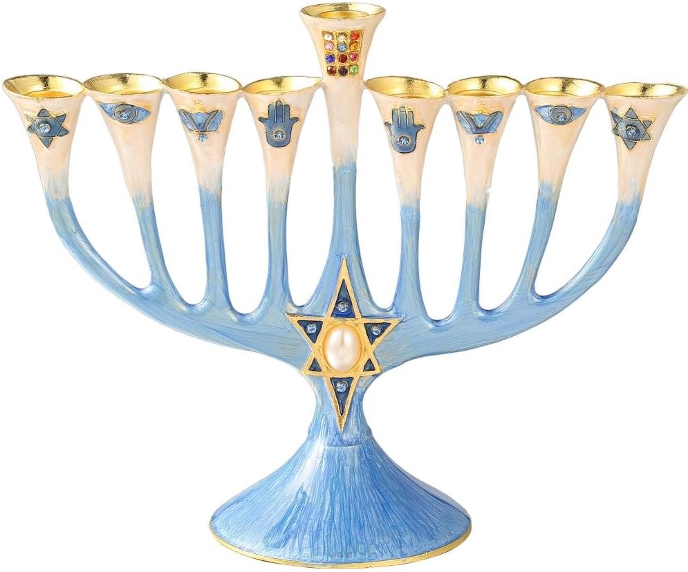 Matashi Hand Painted Enamel Menorah Candelabra Embellished with Gold Accents and Crystals (Classic Blue)